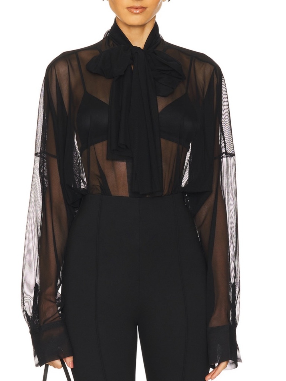Norma Kamali Black Sheer Bow-Tie Blouse